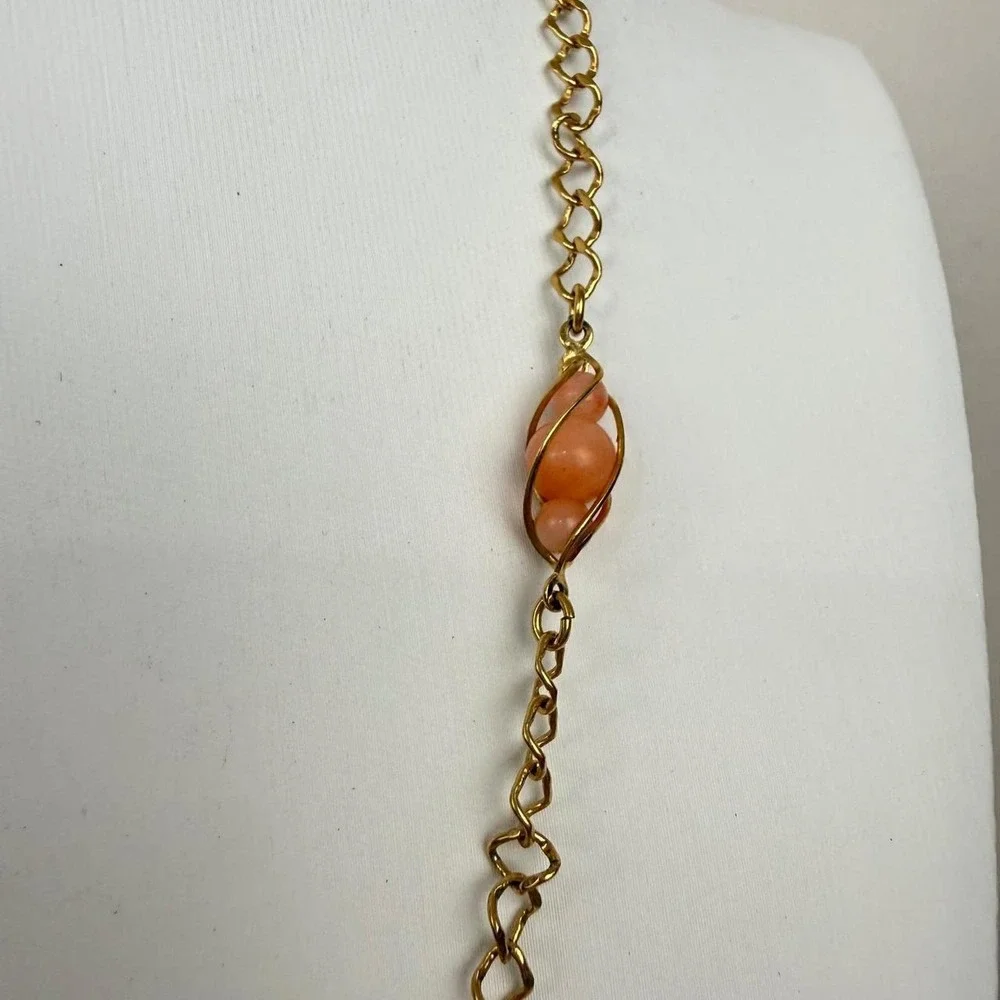 Avon Gold Tone Necklace Peach Bead Cage Wrap Vintage Chain
